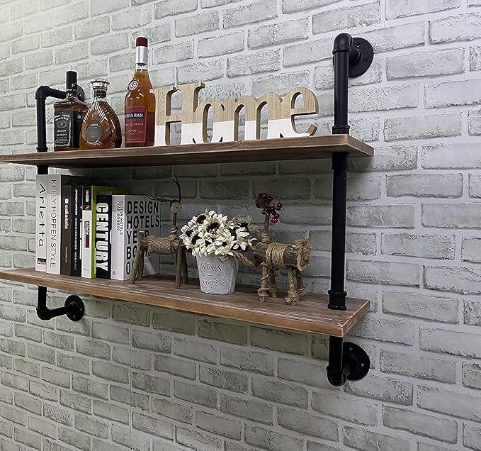 HDDFER Pipe Shelves Industrial Pipe Shelving Shelves Real Wood Industrial Floating Pipe Shelves with Wood Planks 36 inch Wall Shelves Rustic Hanging Bookshelf Farmhouse Kitchen Bar Shelving