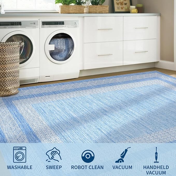 GarveeHome 8x10 Large Washable Area Rug Modern Bordered Distressed Geometric Floor Carpet, Soft Non Slip Low Pile Non Shedding Indoor Light Blue Carpet for Bedroom, Living Room