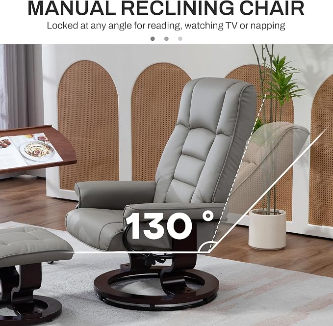 HOMCOM Faux Leather Reclining Chair, Swivel Ottoman Chair, Recliner with Ottoman with High Back and Wood Frame for Living Room, Gray