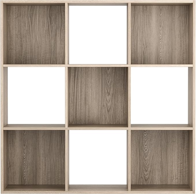 ZenStyle 9 Cube Storage Shelf Organizer, Wooden Bookshelf System Display Cube Shelves Compartments, Customizable W/ 5 Removable Back Panels (Natural)