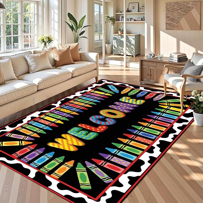 Welcome Crayon Area Rug 6'x9' Colorful Alphabet Rugs for Bedroom Living Room Nursery Playroom Classroom Home Decor Non-Slip Washable Carpet Kids Floor Mat