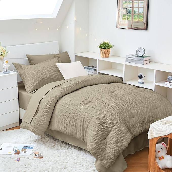 HYMOKEGE Linen Twin XL Comforter Set Seersucker 5 Pieces, All Season Luxury Bed in a Bag for Bedroom, Bedding Set with Comforter, Sheets, Pillowcase & Sham