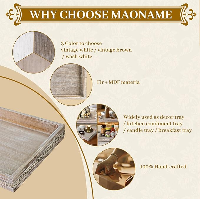 MAONAME Wood Serving Tray, Farmhouse Wooden Tray for Coffee Table, Rustic Rectangle Trays with Beads, Washed White Decorative Trays for Living Room, Kitchen, 15.7" X 11.8" X 1.57"