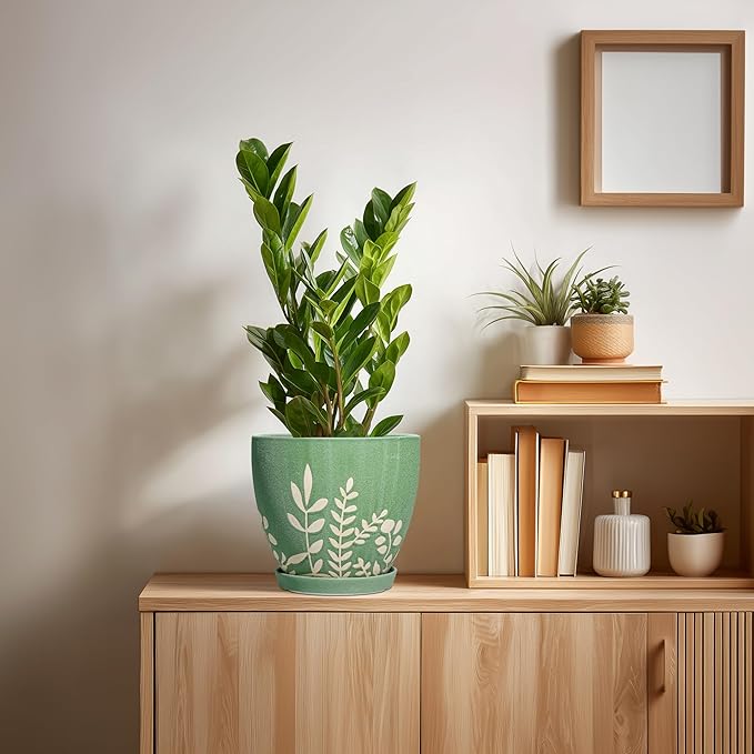 8 Inch Indoor Plant Pot with Drainage and Saucer - Ceramic Planter for Indoor Outdoor Plants, Decorative Flower Pot, Desk Home Office Garden Decor, Plant Lovers Gifts, Green
