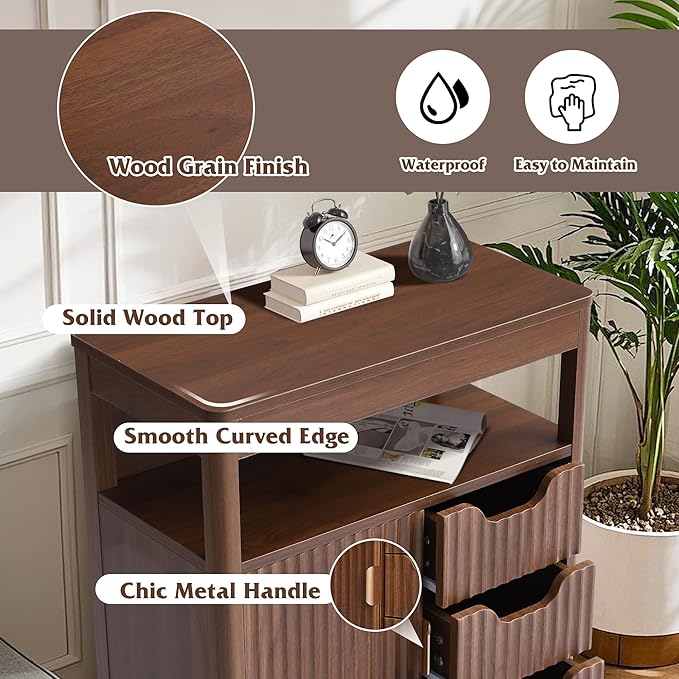 Fluted Floor Bathroom Cabinet with Sliding Door, Modern 3 Drawers Storage Organizer with Adjustable Shelf, Mid Century Bathroom Storage Cabinet with Curved Edge for Bathroom Dining Room (Brown)