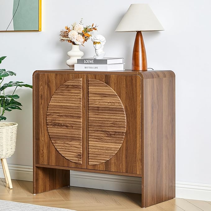 Turtle&Myrtle Fluted Sideboard Buffet Cabinet, Curved Storage Cabinet with 2 Doors and Adjustable Shelves, 31" Wide Mid Century Modern Accent Cabinets, Wood Credenza for Living Room, Kitchen, Brown