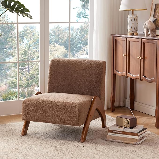 Oversized Accent Chair, upholstered armless mid Century Modern Living Room Chair with Wooden Legs for Bedroom/Office/Cafe, Sherpa Brown