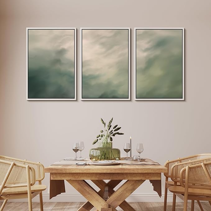 MUDECOR Framed Wall Art Print Set Soft Green Cloudscape Tranquil Abstract Nature Illustrations Modern Art Boho Decorative Colorful Chic for Living Room, Bedroom, Office - 16"x24"x3 White