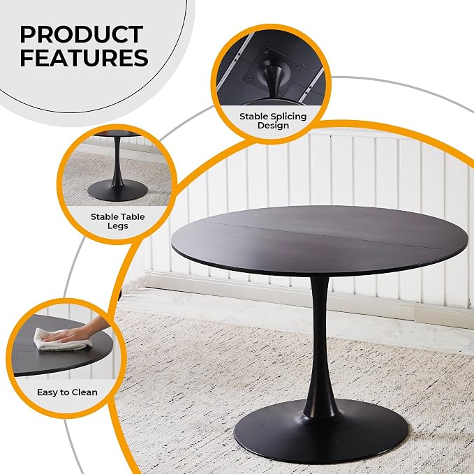 42" Round Black Tulip Dining Table for 4, Modern Pedestal Kitchen Table with Thickened Tabletop, Sturdy Tulip Shape Base, Round Dining Table for Dining Room, Living Room, Cafe