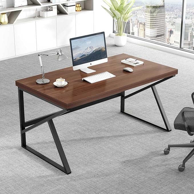 HSH Walnut Computer Desk, Industrial Modern Metal Wood Desk Workstation, Rustic Executive PC Laptop Work Desk Table for Home Office, Simple 55 Inch Writing Study Gaming Desk in Bedroom Living Room