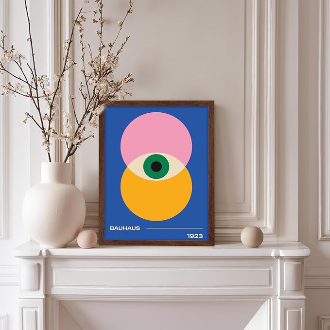 Poster Master Bauhaus Poster - Eye Print - Layered Circles ART - Graphic Design - Geometric Style - Chic Boho ART - Mid Century Modern - Living Room or Bedroom Decor - 11x14 Brown Framed