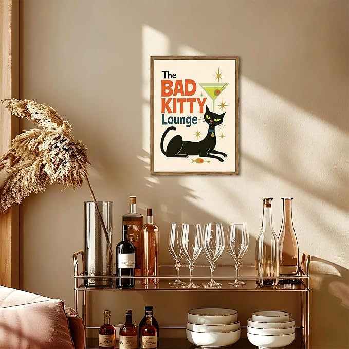 Mid Century Modern Cat Wall Art Bad Kitty Lounge Wall Decor Painting, Vintage Martini Cat Poster Canvas Print Picture for Bar Living Room Bedroom 16x24 inch Wood Framed