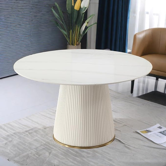 53'' Marble Round Dining Table, White Sintered Stone Tabletop and Cylindrical Base, Modern Dining Room Table for 4-6