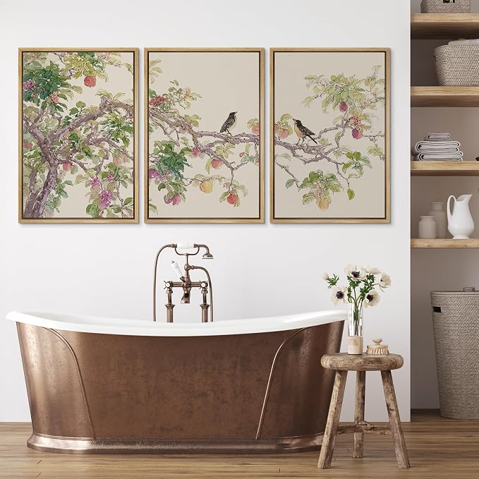 wall26 Framed Print Wall Art Set Watercolor Fruit Tree Branch with Birds Botanical Decorative Minimal Relax/Zen for Living Room, Bedroom, Office - 24"x36"x3 NATURAL
