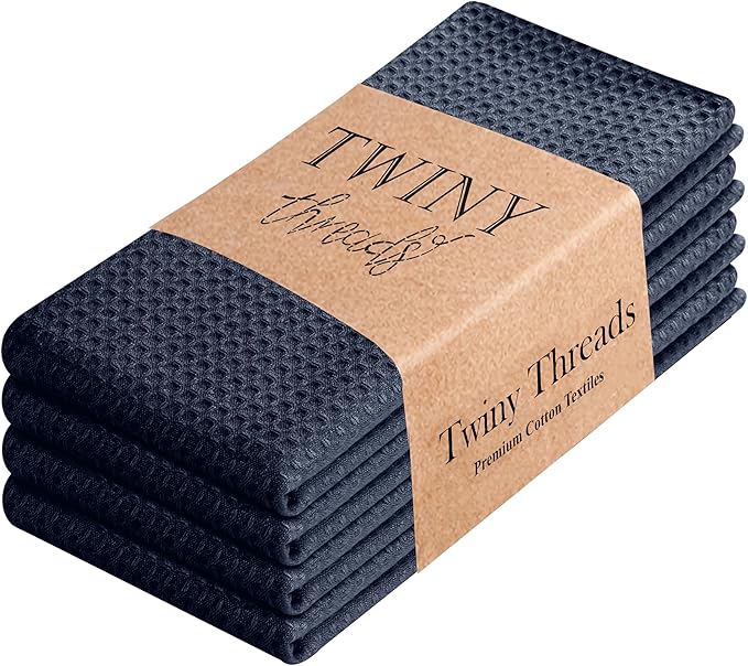TWINY threads Kitchen Towels Set of 4, 16x26 Inches, 100% Soft Cotton Waffle Weave Dish Towels, Absorbent Tea Towels with Hanging Loop, Washable Reusable Cloths for Cleaning and Dining, Navy