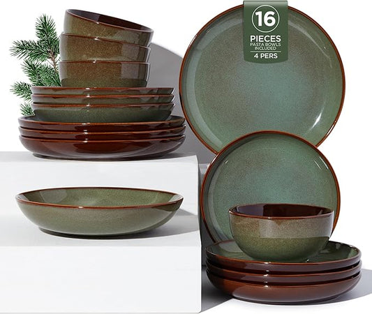 16 Piece Double Bowl Dinnerware Sets with Pasta Bowls, Highly Chip and Crack Resistant Plates and Bowls Sets, Natural Earthyware Ceramic Dishware Sets, Service for 4 Sage Green