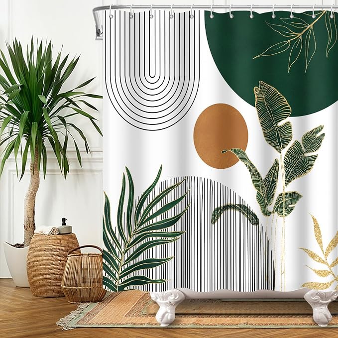 Mid Century Boho Modern Shower Curtain for Bathroom Abstract Sun Arch Geometric Leaves Minimalist Shower Curtain Set Waterproof Polyester Fabric 72x96 Inches