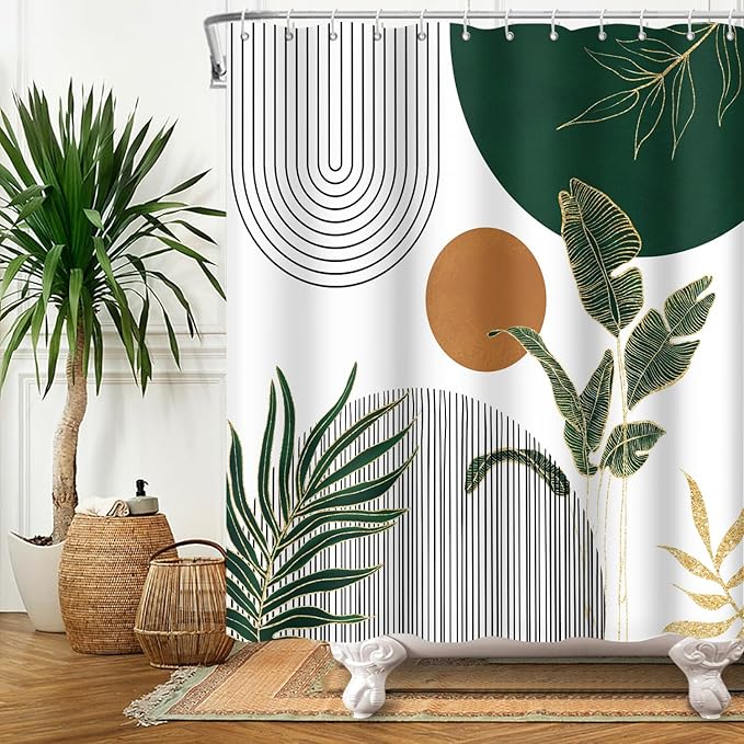 Mid Century Boho Modern Shower Curtain for Bathroom Abstract Sun Arch Geometric Leaves Minimalist Shower Curtain Set Waterproof Polyester Fabric 66x72 Inches