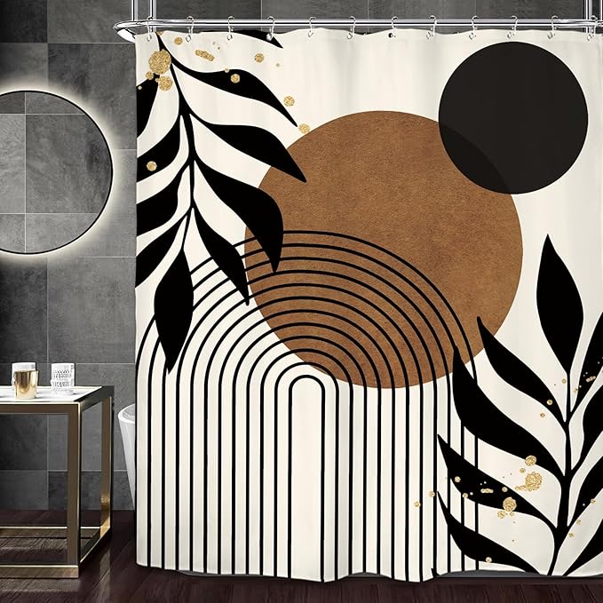 Miyotaa Abstract Minimalist Brown Black Shower Curtain Set 60Wx71H Inches Modern Aesthetic Contemporary Plant Leaves Neutral Geometric Mid Century Waterproof Bathroom Curtain with 12 Hooks