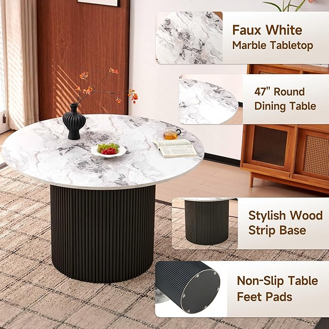 Howtek 47″ Round Dining Table Set for 4-6 People, 5 Piece Modern Kitchen Table with Faux White Marble Wood Grain Finish & 4 PU Leather Upholstered Dining Chairs（Curved Backrest & Solid Wood Legs ）