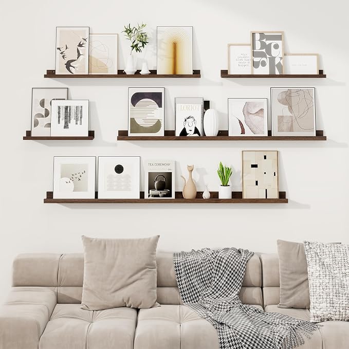 RICHFOCUS Picture Ledge Shelf, 16 inch Floating Shelves Set of 2, Wood Wall Shelves with Lip, Wall Decor Storage for Bedroom Living Room Bathroom Kitchen Nursery Photo Picture, Walnut