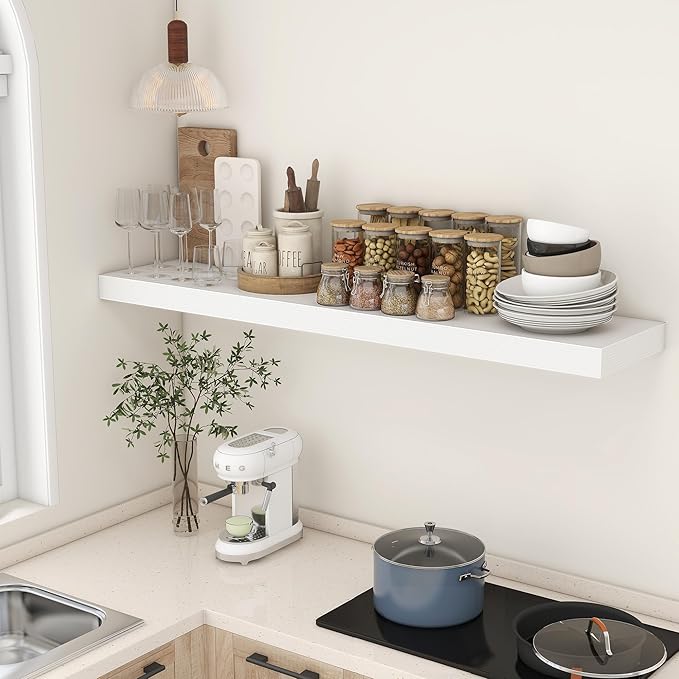 12 Inch Deep Floating Shelves | 55 Inch White Floating Shelves | 55" W x 12" D Rustic Wood Shelves for Wall | Deep White Shelves for Living Room Bathroom Laundry Room Kitchen