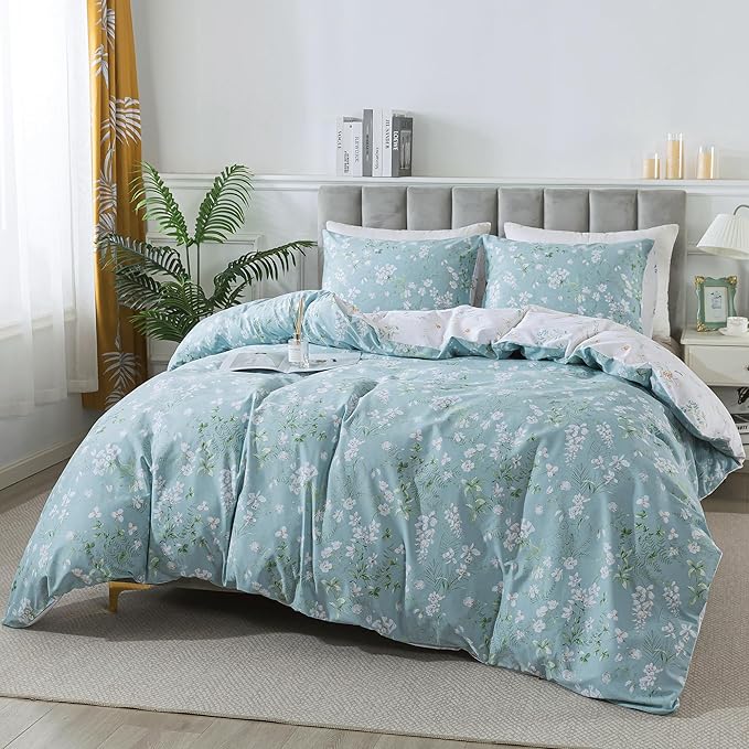 HoneiLife Wildflower Duvet Cover Queen - 100% Cotton Comforter Cover Sets, Floral Duvet Cover Sets 3-PC, Floral Bedlinen Set with Zipper Closure & Corner Ties