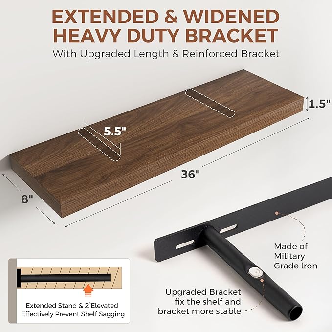 Dreamland 36 Inch Floating Shelves for Wall,8 Inch Deep Floating Shelves,36" W x 8" D Wall Shelves for Bedroom,Living Room,Kitchen,Bathroom,Walnut,Set of 2