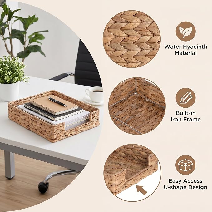 Letter Tray Water Hyacinth,Wicker Desk Organizer for Office Supplies, Mail, A4 Paper File, Magazine,Jewelry Cosmetics, Paper Holder Storage Basket for Office, School, and Workspace