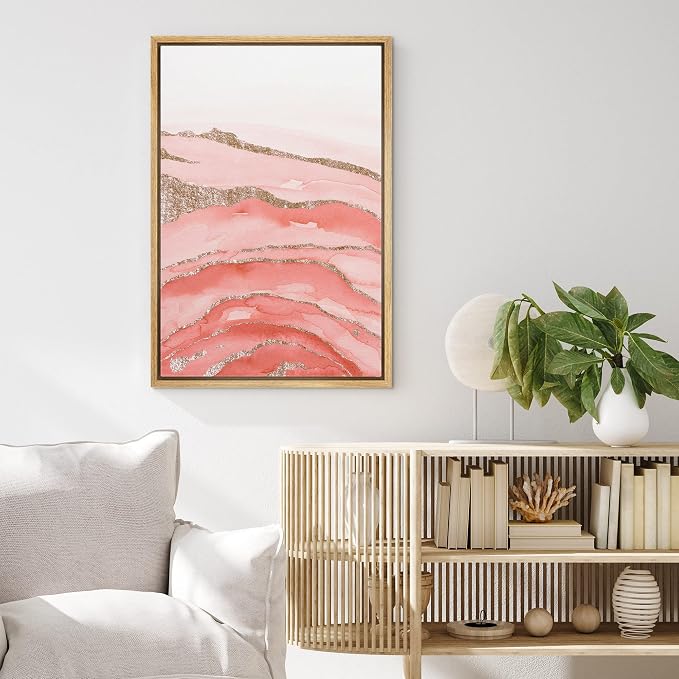 MUDECOR Framed Canvas Print Wall Art Coral Pink Watercolor Gradient Blots Lined with Gold Abstract Shapes Illustrations Modern Art Bohemian Colorful for Living Room, Bedroom, Office - 24"x36" Natural