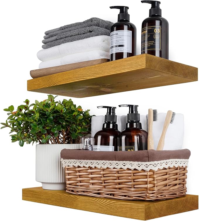 BGMG Wood Floating Shelves for Wall 18 inch Set of 2, Rustic Wooden Wall Mount Shelves for Living Room Bedroom Kitchen Farmhouse-18x6.7x1.25 inch- Gold Oak