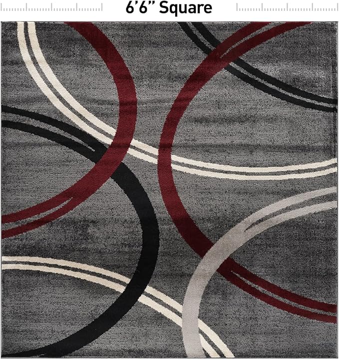 Rugshop Modern Wavy Circles Design Non-Shedding Square Rug, Carpet for Dining Room or Living Room, Red, 6'6" x 6'6"