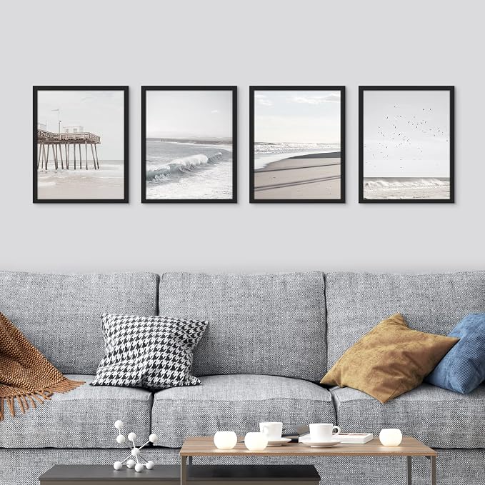SIGNWIN Framed White Minimalist California Ocean Beach Seashore Pier Wall Art, Set of 4 Landscape Colorful Wall Decor Prints, Nature Wilderness Wall Décor for Living Room, Bedroom - 12"x16" Black
