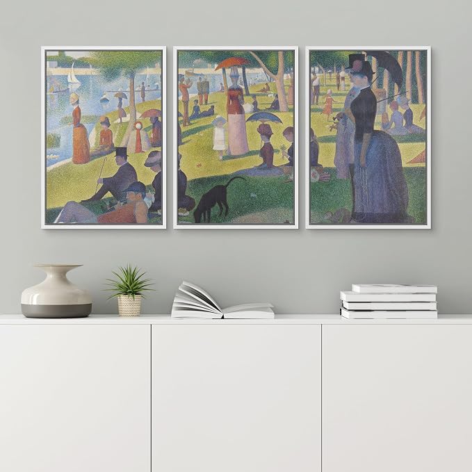 wall26 Framed Canvas Print Wall Art Set La Grande Jatte by Georges Seurat Cultural Historic Oil Painting Fine Art Reproduction Scenic Colorful for Living Room, Bedroom, Office - 16"x24"x3 White