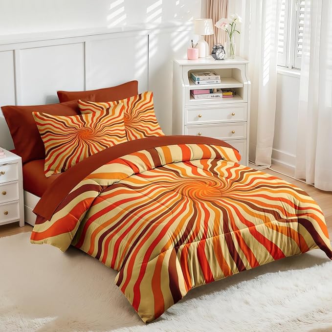 Nesker 5 Pcs Comforter Set Twin Size, 70S Retro Vintage Bedding Set for Kids and Adults, Orange Brown 50S Bed Sheet Sets with Fitted Sheet Pillowcases & Shams