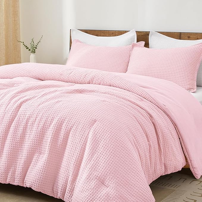 PHF Ultra Soft Waffle Weave Comforter Set Queen Size, 3 Pieces Lightweight Breathable Comfy Bedding Set, Comfy Textured 1 Comforter with 2 Pillow Shams, Pink