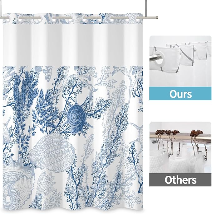 No Hook Shower Curtain with Snap in Fabric Liner Set Nautical Coastal Seashell Coral Beach Ocean Shower Curtains for Bathroom Waterproof Polyester No Hook Home Decorations 71x74in