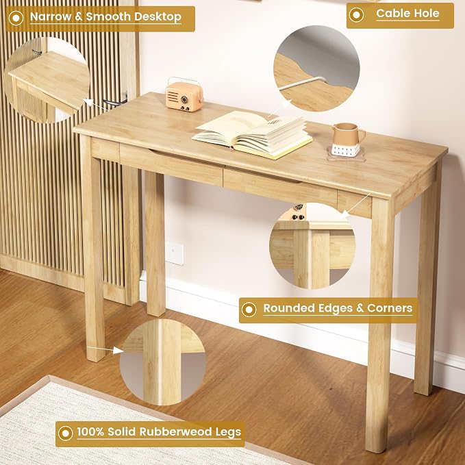 Solid Wood Desk with Drawers - 39 x 16 Inch Boho Narrow Desks, Mid Century Modern Desks, Rubber Wood Study Table, Small Writing Desk for Bedroom|Small Spaces, Natural