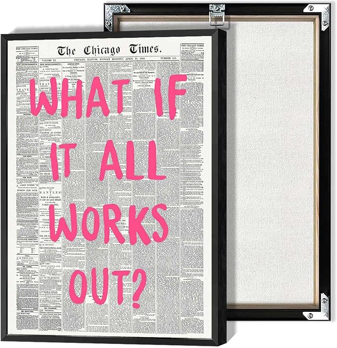 What If It All Works Out Poster Retro Newspaper Pink Font Canvas Wall Art Positive Affirming Quote Minimalist Prints Painting For Home Bedroom Dorm Wall Decor 24x36in Framed