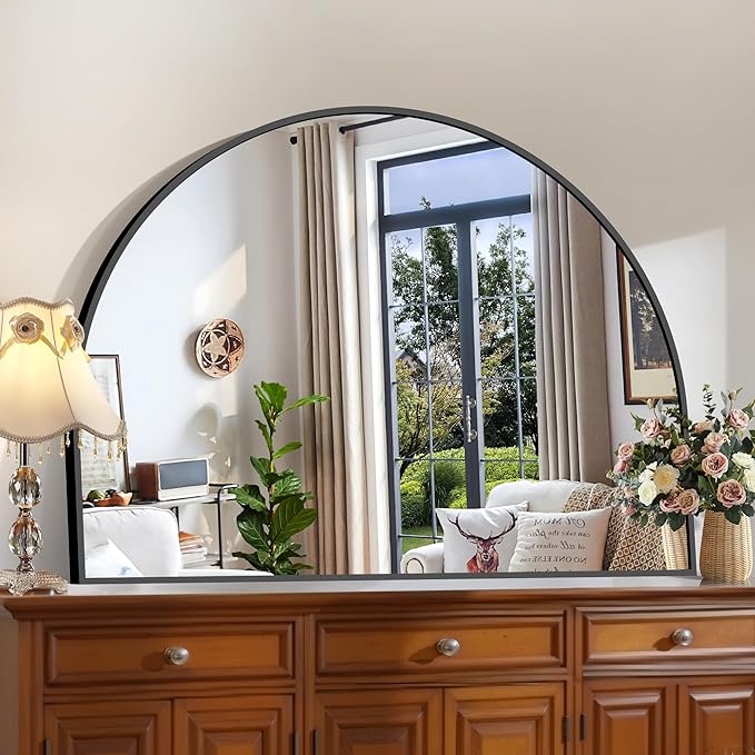 CIRCUMI Arched Wall Mirror, 48"x36" Black Arched Mirror with Tempered Glass, Metal Frame, Large Size for Entryway Table, Mantel,Living Room,Over Sink,Arch Mirror for Decor,Shatterproof&Crystal-Clear