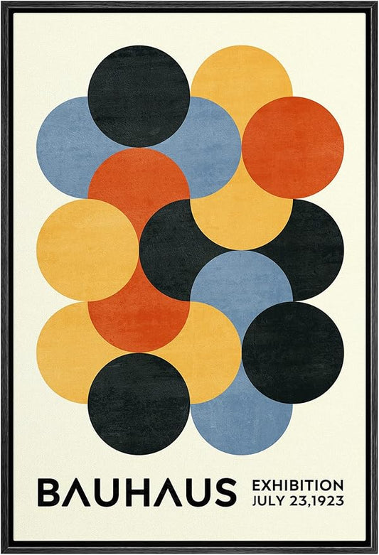 MUDECOR Framed Canvas Print Wall Art Geometric Colorful Circle Bauhaus Polygon Abstract Shapes Illustrations Fine Art Mid-Century Modern Multicolor for Living Room, Bedroom, Office - 24"x36" Black