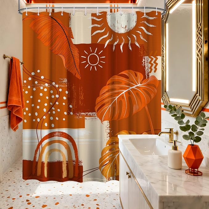 Extra Long Shower Curtain 96 Inchs Extra Tall Burnt Orange Mid Century Modern XL Abstract Leaf Shower Curtains for Large Bathroom Decor Sets, Waterproof Cloth Fabric with Hooks, 70 x 96 Inch