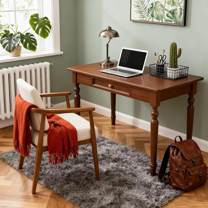 31.5 Inch Mid Century Modern Desk - Rubber Wood Desk with Drawers, Vintage Desks, Mid Century Desks for Bedroom, Living Room & Office (Walnut)