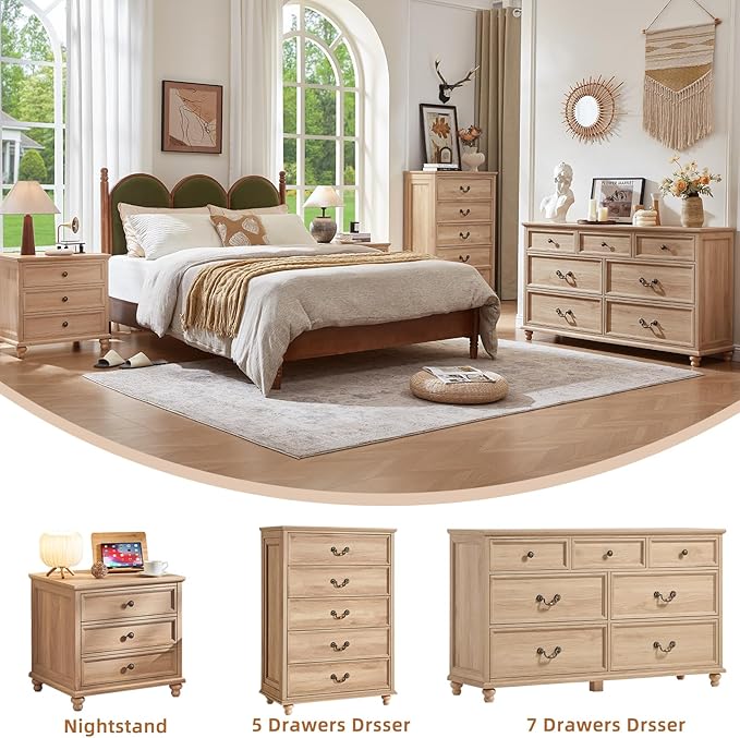 Farmhouse 54" 7 Drawers Dresser for Bedroom, Wide Wood Chest of Drawers w/ 4 Wooden Legs, Vintage Rustic Large Closet Storage Dressers Organizer for Hallway, TV Stand for Living Room, Natural