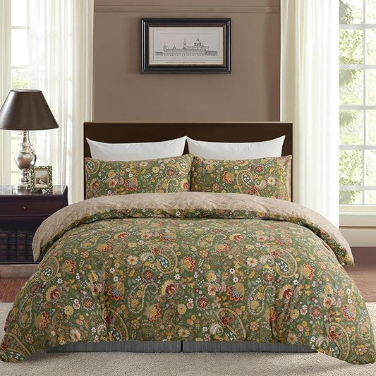 Cozeline 100% Cotton Duvet Cover King Size, Green Paisley Pattern Bedding Set with Zipper Closure, 3 Pcs Bohemian Breathable and Soft Duvet Cover for All Season