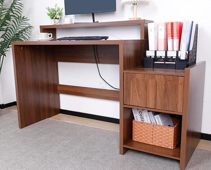 60 Inch Executive Desk with Drawer, Farmhouse Home Office Desk with Printer Shelf, Mid Century Modern Walnut Computer Desk Work Table, Monitor Shelf, Charging Station, for Study, Living Room, Brown