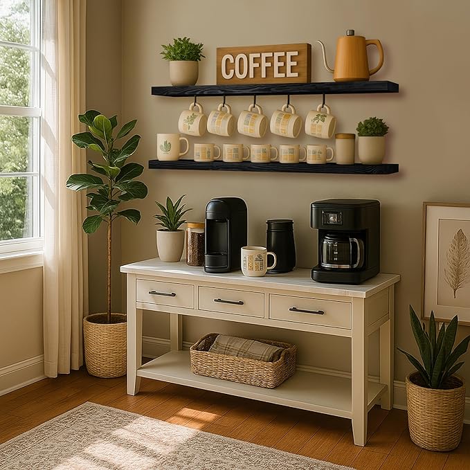 BGMG Wood Floating Shelves for Wall 60 inch Set of 2,Black Floating Shelves,Solid Wood Wall Mount Shelves for Bathroom Living Room Bedroom Kitchen Farmhouse -60x6.7x1.75 inch