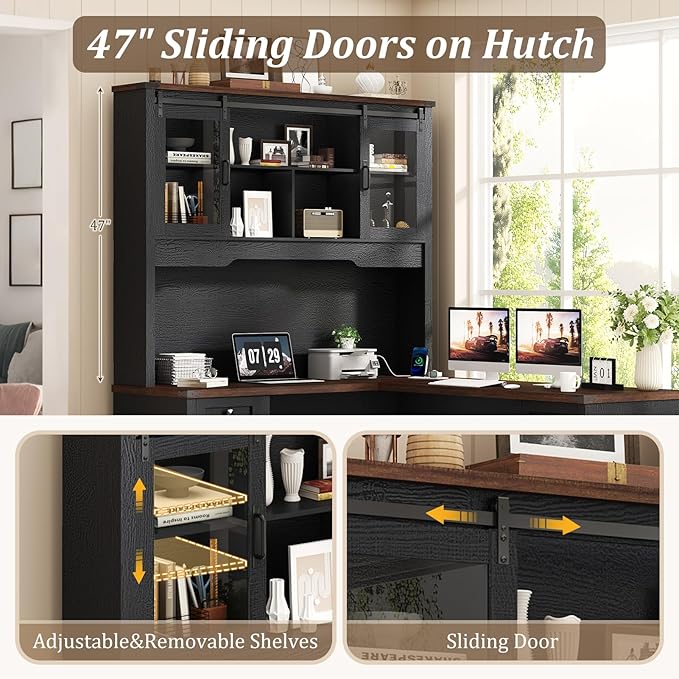 Squireewo 68.9'' Farmhouse L Shaped Desk with Hutch and Drawers, 76" High Wood Executive Home Office Desk with Charging Station, File Drawer and Cabinet, Computer Corner Desk with Sliding Doors, Black