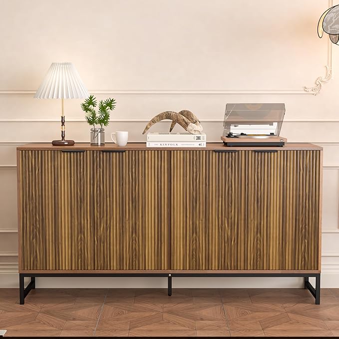 Fluted Accent Storage Cabinet, Kitchen Sideboard Buffet with 4 Fluted Doors, Adjustable Shelves for Living Room, Dining Room, Hallway (Walnut)