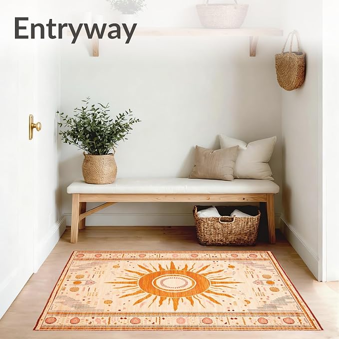 Flatwoven High Traffic Area Rug 5x7, Boho Retro Sun Rug with Vintage Warmth and Welcome Motif for Indoor, Non Slip, Stain Resistant, Washable Area Rugs for Living Room, Bedroom (Beige, 5x7)